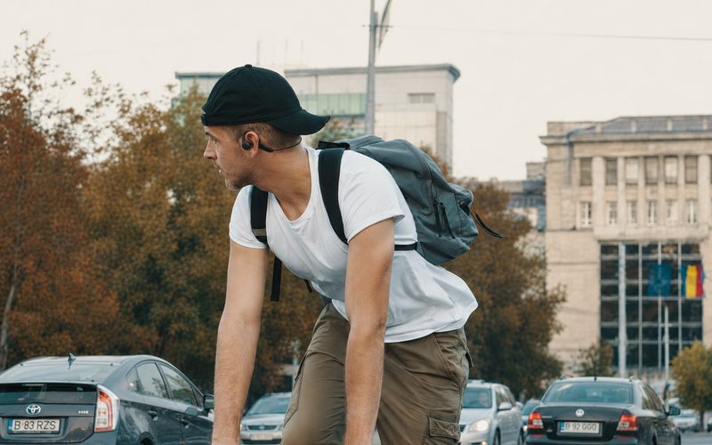Ciclista urbano con audifonos open-ear OSSonic